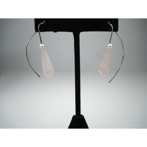 Rose Quartz Stone Pearl Drop Silver Hook French Wire Earrings Long 2 inch Sweep - Picture 6 of 8